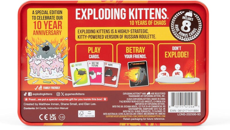 Exploding Kittens -10th Anniversary Collectible Tin (Limited Edition) – Updated with 8 Legacy Cards – Hilarious Fast-Paced Card Game for Adults and Kids, Travel Friendly, Ideal for Family Game Night - Image 2